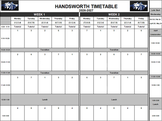 Student Timetable with week 1 and week 2 block rotations, and staff collaboration dates